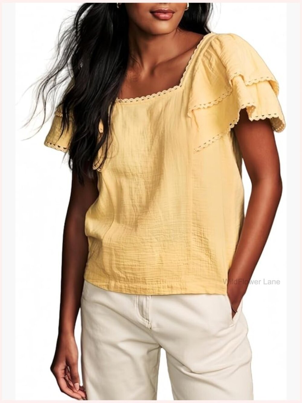 Square Neck Ruffle Short Sleeve Blouse Loose Summer Top